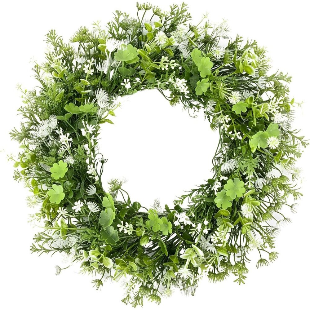 St Patricks Day Wreath 20 Inch with Lucky Shamrock Artificial Irish Clover Green